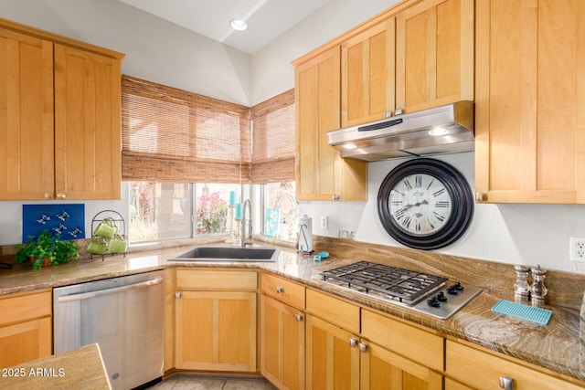 22232 N 48th St, Phoenix, AZ 85054 - kitchen featuring under cabinet range hood, stainless steel appliances, a sink, and light brown cabinets