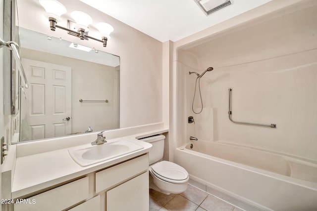 full bathroom with vanity, bathing tub / shower combination, toilet, and tile patterned floors