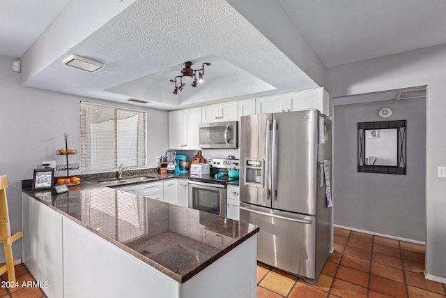 kitchen with white cabinets, kitchen peninsula, stainless steel appliances, and a raised ceiling