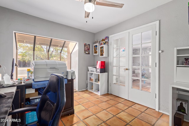 office space with ceiling fan, light tile floors, and french doors