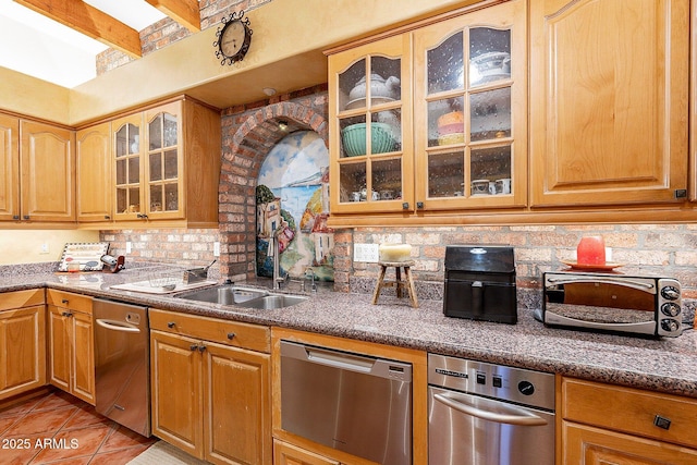 kitchen featuring beamed ceiling, sink, backsplash, stainless steel dishwasher, and light tile patterned floors