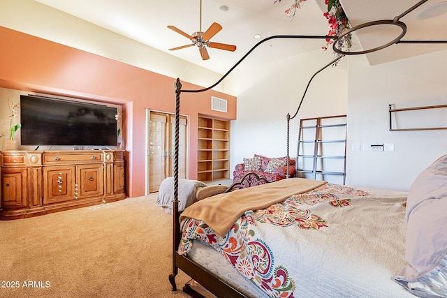 bedroom featuring ceiling fan, carpet flooring, and vaulted ceiling