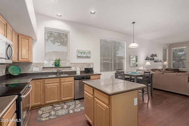 kitchen with a sink, stainless steel appliances, open floor plan, and dark wood-style flooring