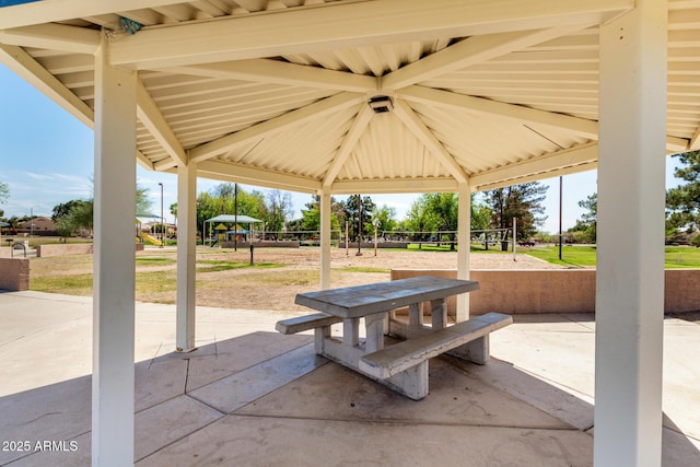 view of patio featuring a gazebo and volleyball court