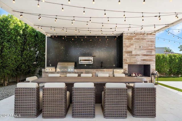 reception area with an outdoor stone fireplace