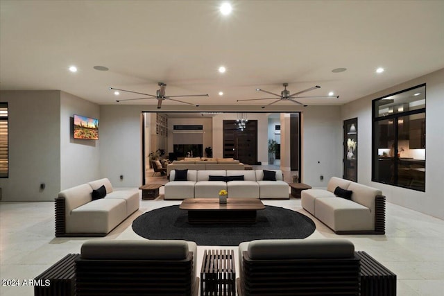 living room featuring ceiling fan