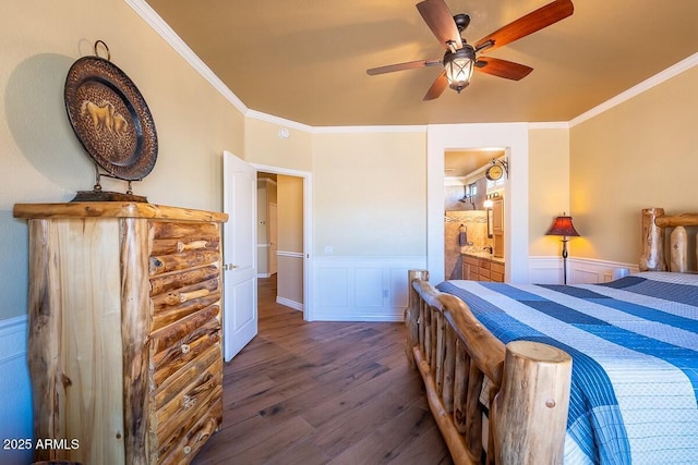 bedroom with ceiling fan, ensuite bathroom, hardwood / wood-style floors, and crown molding