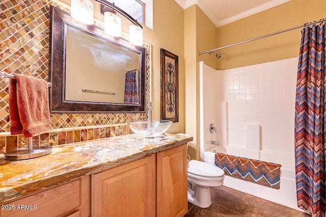 full bathroom with toilet, vanity, ornamental molding, and shower / tub combo