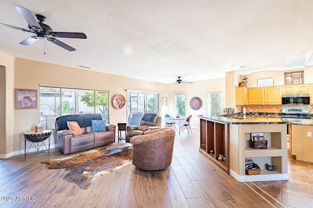 living room featuring sink, hardwood / wood-style flooring, and a textured ceiling