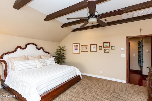 bedroom featuring carpet, vaulted ceiling with beams, and ceiling fan