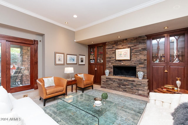 living room featuring ornamental molding and a fireplace