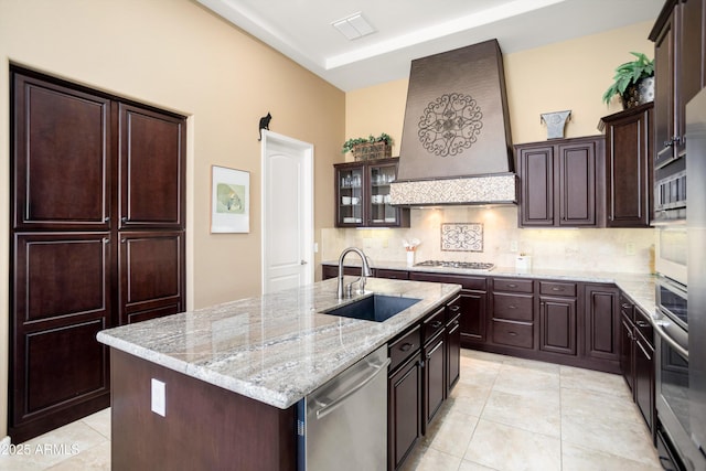 12904 W Dale Ln, Peoria, AZ 85383 - kitchen featuring stainless steel appliances, a sink, wall chimney exhaust hood, decorative backsplash, and light stone counters