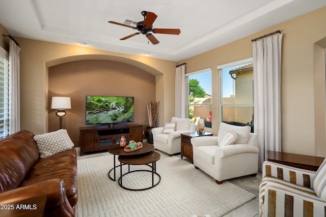 12904 W Dale Ln, Peoria, AZ 85383 - living area with a tray ceiling and a ceiling fan