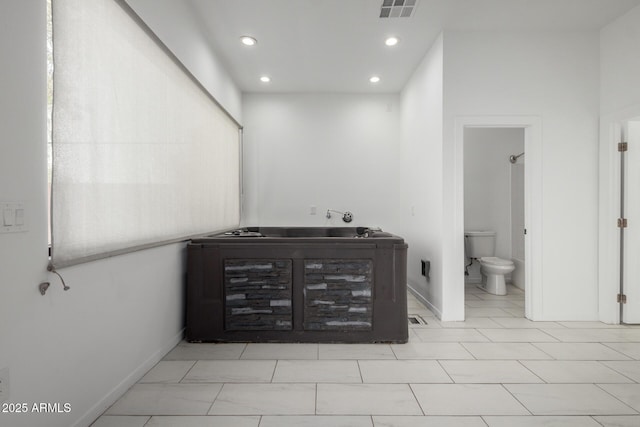 bathroom featuring recessed lighting, baseboards, visible vents, and toilet