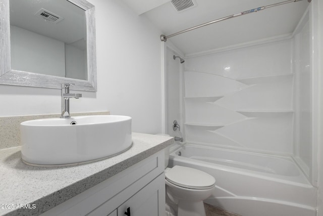 full bathroom with toilet, shower / bathing tub combination, vanity, and visible vents