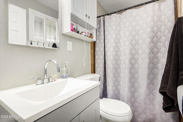 bathroom featuring vanity, toilet, and a shower with shower curtain