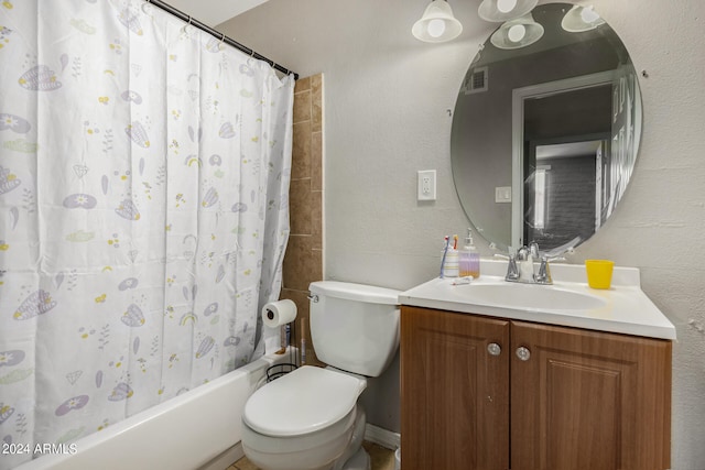 full bathroom featuring vanity, toilet, and shower / tub combo with curtain