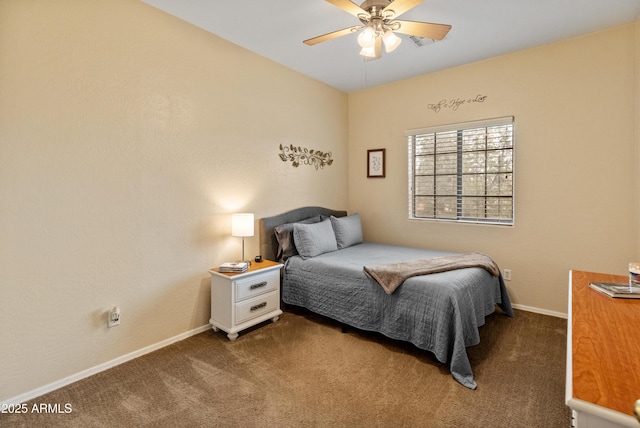 bedroom with ceiling fan, baseboards, and carpet