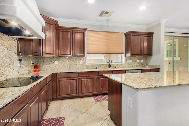 kitchen with black electric cooktop, sink, ornamental molding, and ventilation hood