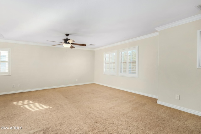 spare room featuring ceiling fan, carpet floors, and crown molding