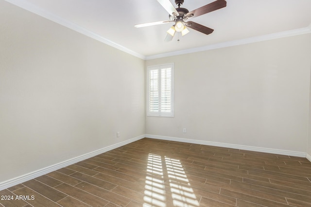 unfurnished room with ceiling fan, ornamental molding, and dark wood-type flooring