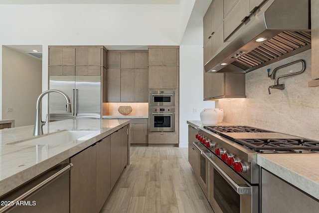 kitchen with extractor fan, sink, high quality appliances, light hardwood / wood-style floors, and tasteful backsplash