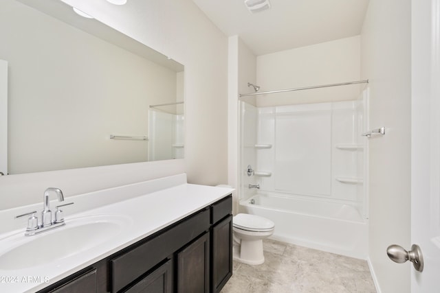 bathroom with visible vents, bathtub / shower combination, vanity, and toilet