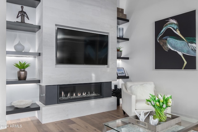 living room featuring a fireplace and wood-type flooring