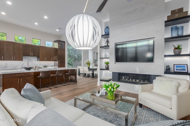 living room featuring a large fireplace and light wood-type flooring