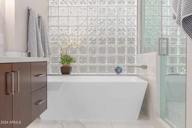 bathroom featuring vanity and shower with separate bathtub