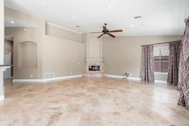 12120 E Cortez Dr, Scottsdale, AZ 85259 - unfurnished living room with ceiling fan, a fireplace, recessed lighting, lofted ceiling, and light tile patterned floors