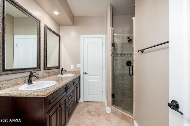 12120 E Cortez Dr, Scottsdale, AZ 85259 - bathroom with double vanity, a stall shower, and tile patterned floors