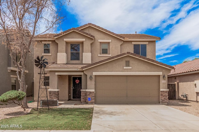 22123 E Via Del Palo, Queen Creek, AZ 85142 - view of front of house featuring a garage, stucco siding, driveway, and stone siding