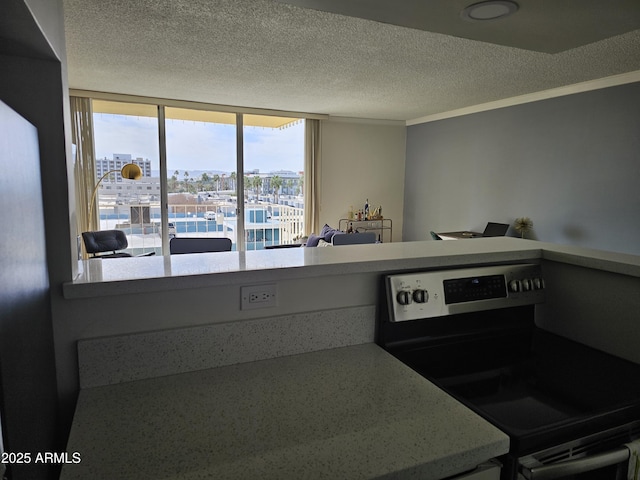 kitchen featuring crown molding, stainless steel range with electric cooktop, and a textured ceiling