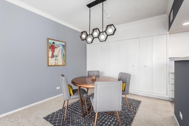 dining area with ornamental molding, a textured ceiling, and carpet