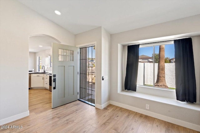 foyer with light wood-type flooring, a healthy amount of sunlight, and sink