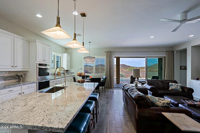 kitchen featuring white cabinets, decorative light fixtures, dark wood-type flooring, and a large island