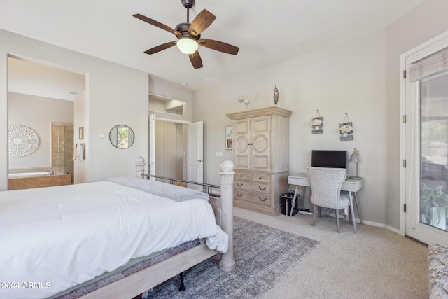 carpeted bedroom featuring ceiling fan and access to outside