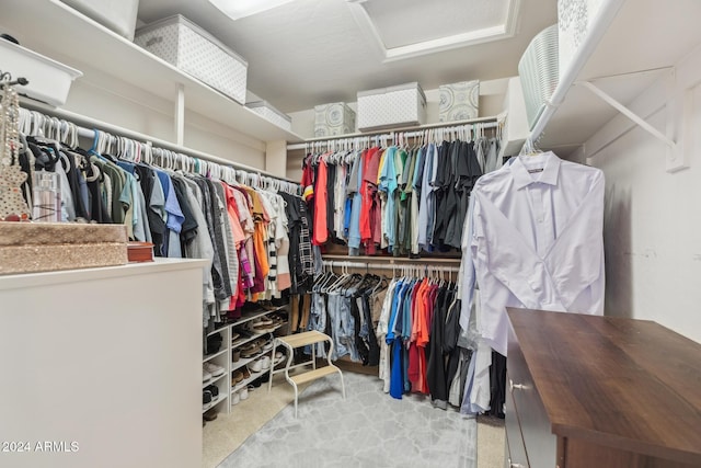 spacious closet featuring light carpet