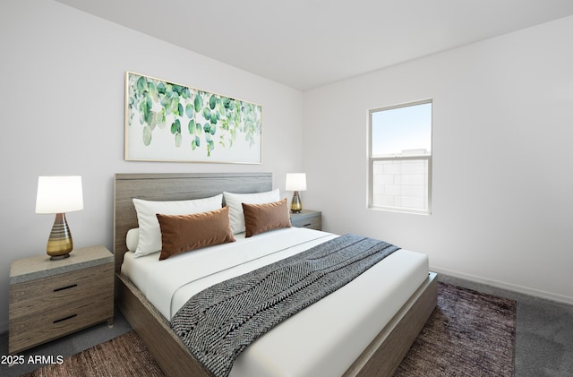 bedroom featuring dark colored carpet