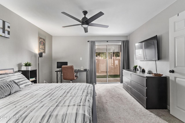 bedroom with access to exterior, light carpet, and ceiling fan