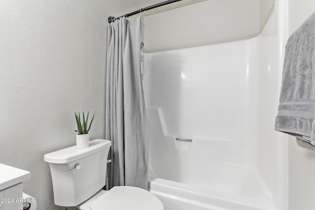 full bathroom with vanity, toilet, and shower / bathtub combination with curtain