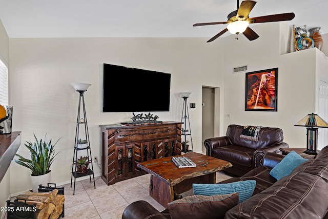 4131 E Cascalote Dr, Cave Creek, AZ 85331 - living room featuring a ceiling fan, lofted ceiling, and light tile patterned floors