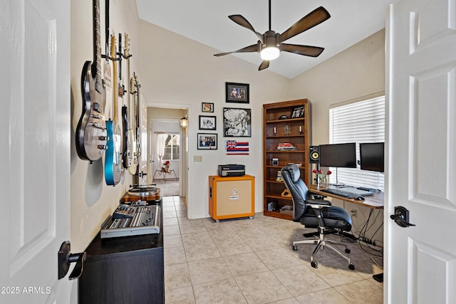 4131 E Cascalote Dr, Cave Creek, AZ 85331 - home office with a ceiling fan, vaulted ceiling, and light tile patterned floors