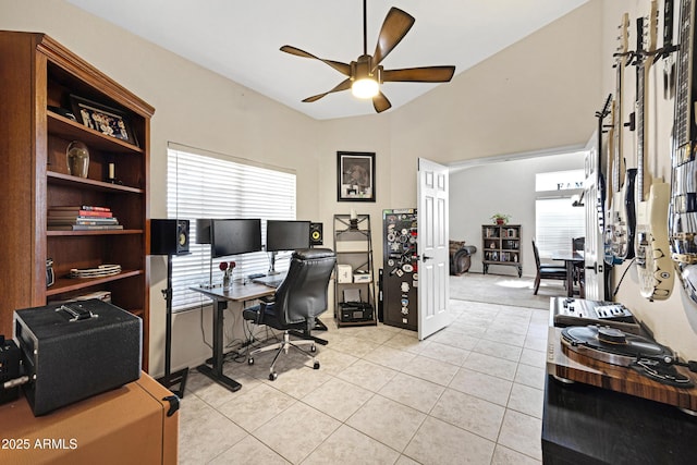 4131 E Cascalote Dr, Cave Creek, AZ 85331 - office area with ceiling fan, light tile patterned floors, and vaulted ceiling
