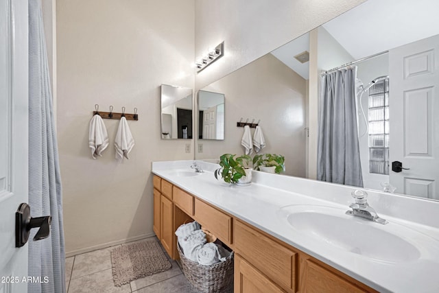 4131 E Cascalote Dr, Cave Creek, AZ 85331 - bathroom with double vanity, tile patterned floors, and a shower with curtain