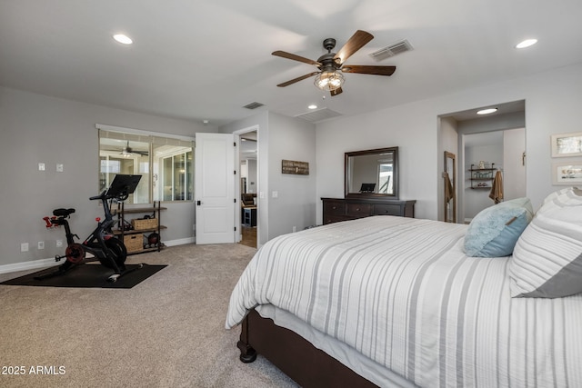 carpeted bedroom featuring ceiling fan