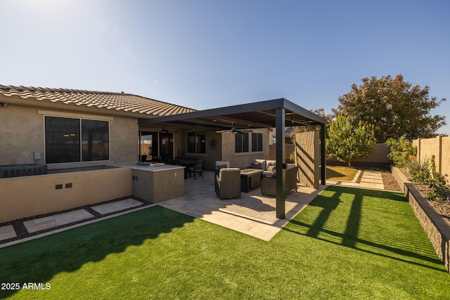 back of house with a yard, an outdoor living space, a patio, and cooling unit