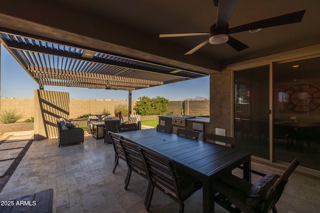 view of patio with an outdoor living space, ceiling fan, and a pergola