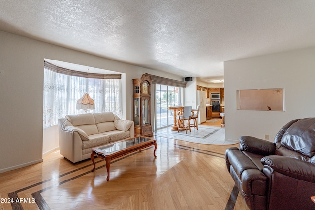 living room featuring light wood-type flooring and a textured ceiling